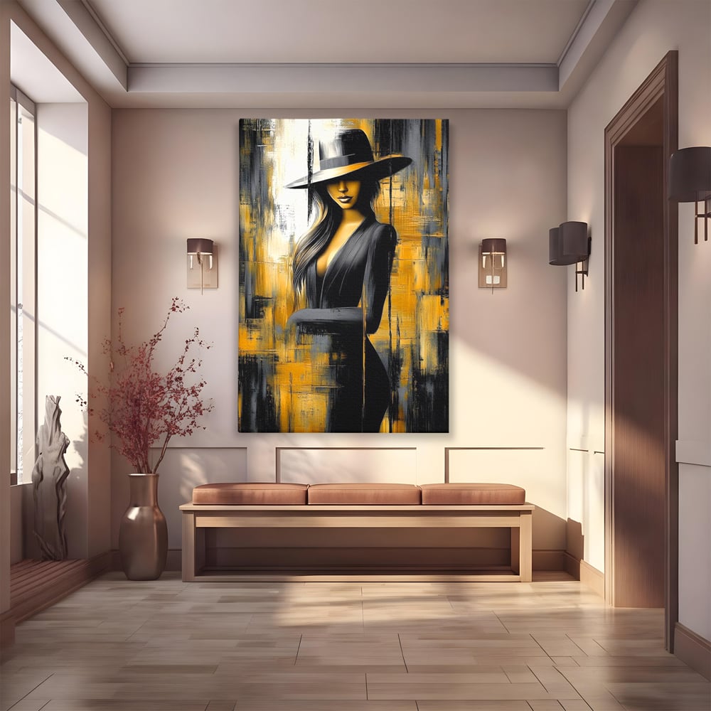 Tablou canvas cu tablou canvas cu silueta feminina si palarie, fara rama, pe sasiu de lemn